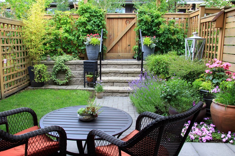 Small townhouse garden with patio furniture amidst blooming lavender